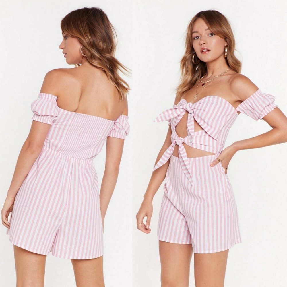 Nasty Gal Stripe Tie Front Romper Pink Striped NEW - Picture 2 of 8